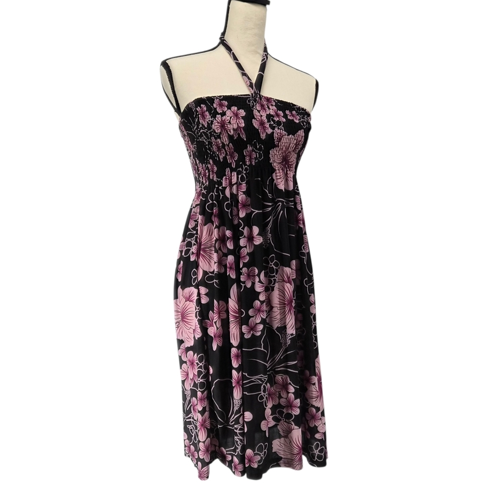 Y2K Vacation Black Pink Floral Halter Maxi Dress Smocked Strapless‎ Boho Beach